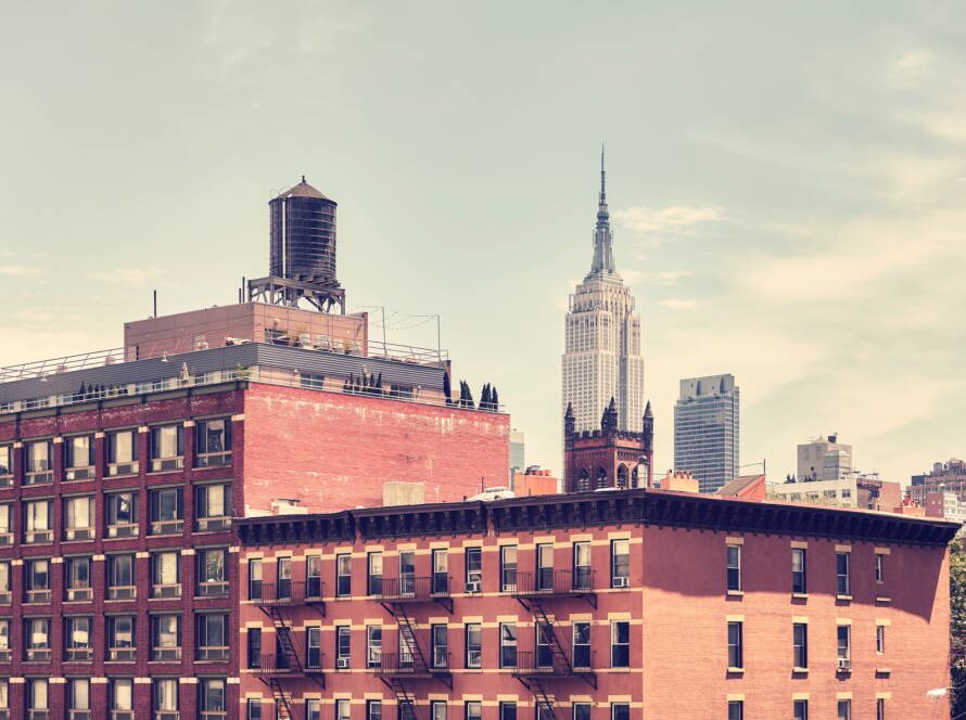 Retro toned picture of old Manhattan buildings, New York.