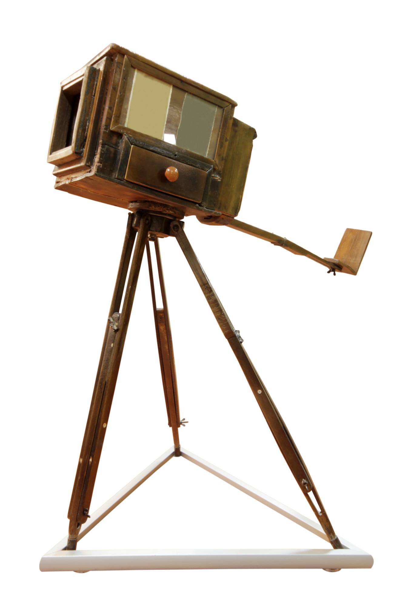 Very Old Camera on a wooden tripod on a white background