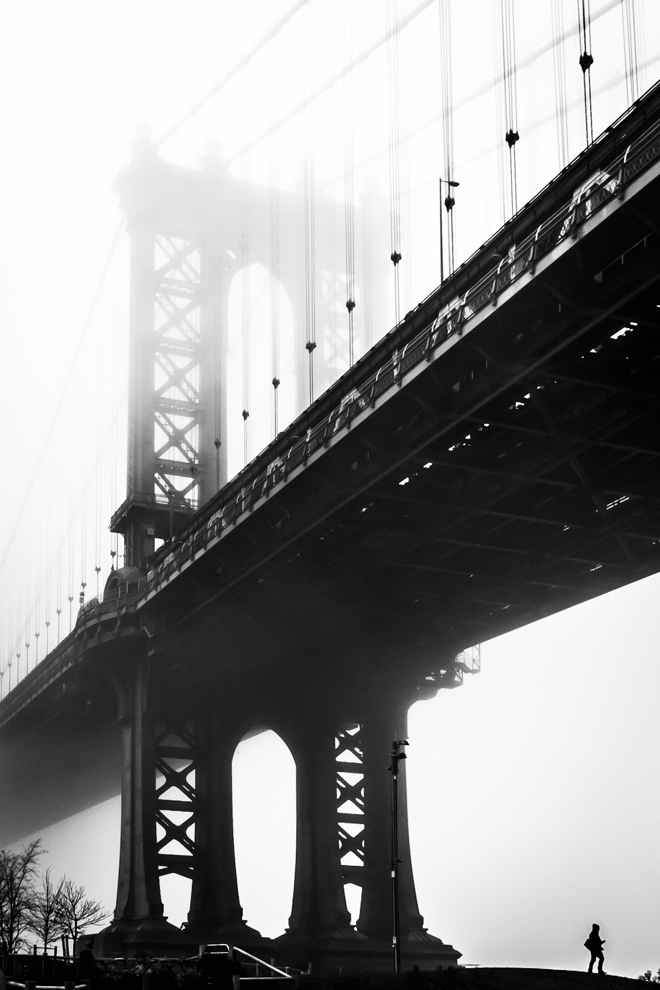 Under the Manhattan Bridge on a foggy day.